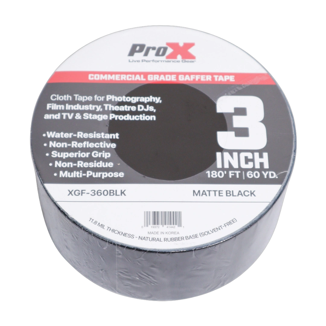 ProX 3 Inch 180FT Matte Black Gaffer Tape Roll ProX commercial grade matte black gaffer tape 3 inch wide 180 feet roll front view