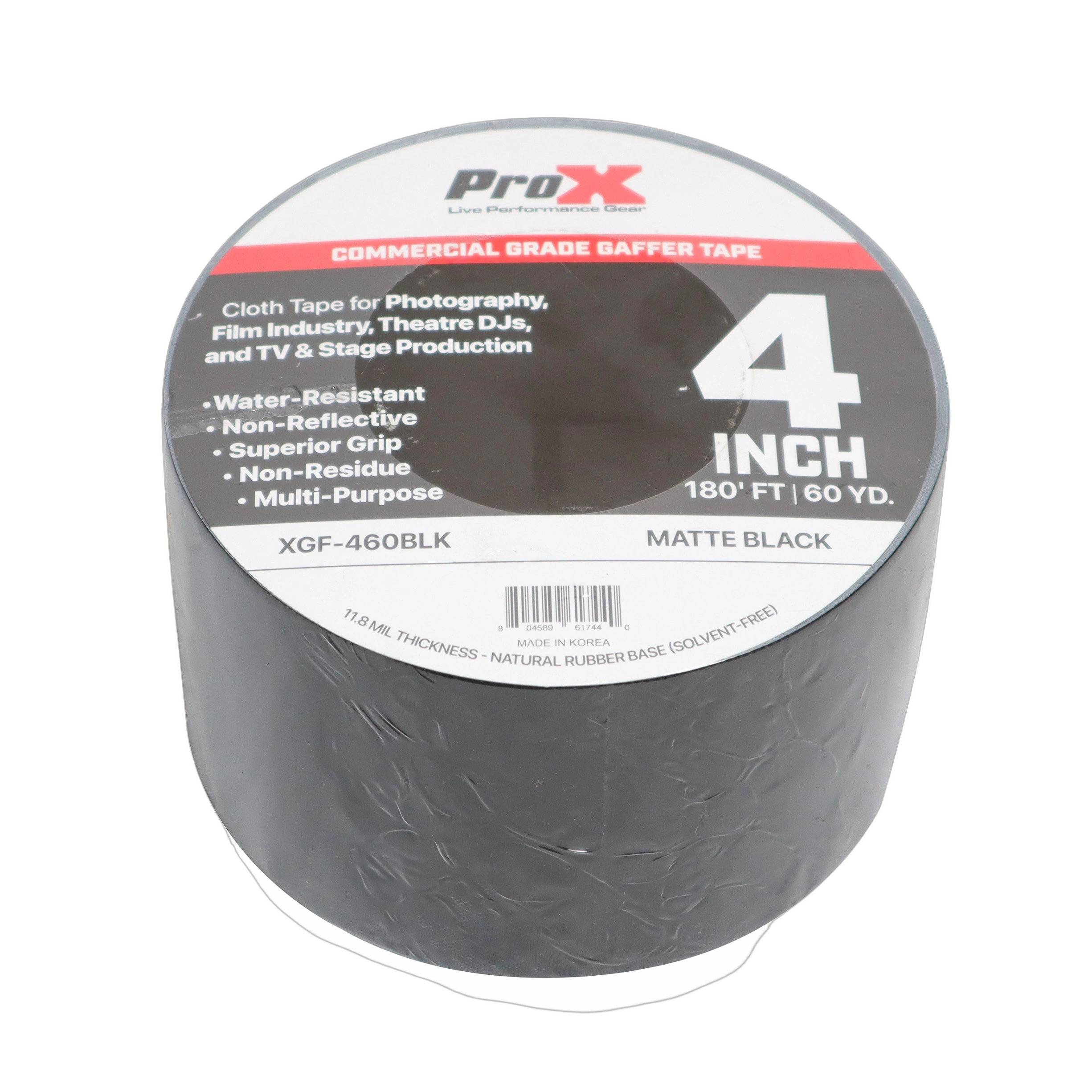 ProX 4 Inch Matte Black Commercial Grade Gaffer Tape Roll ProX 4 inch 60 yard matte black commercial grade gaffer tape roll with non-residue adhesive