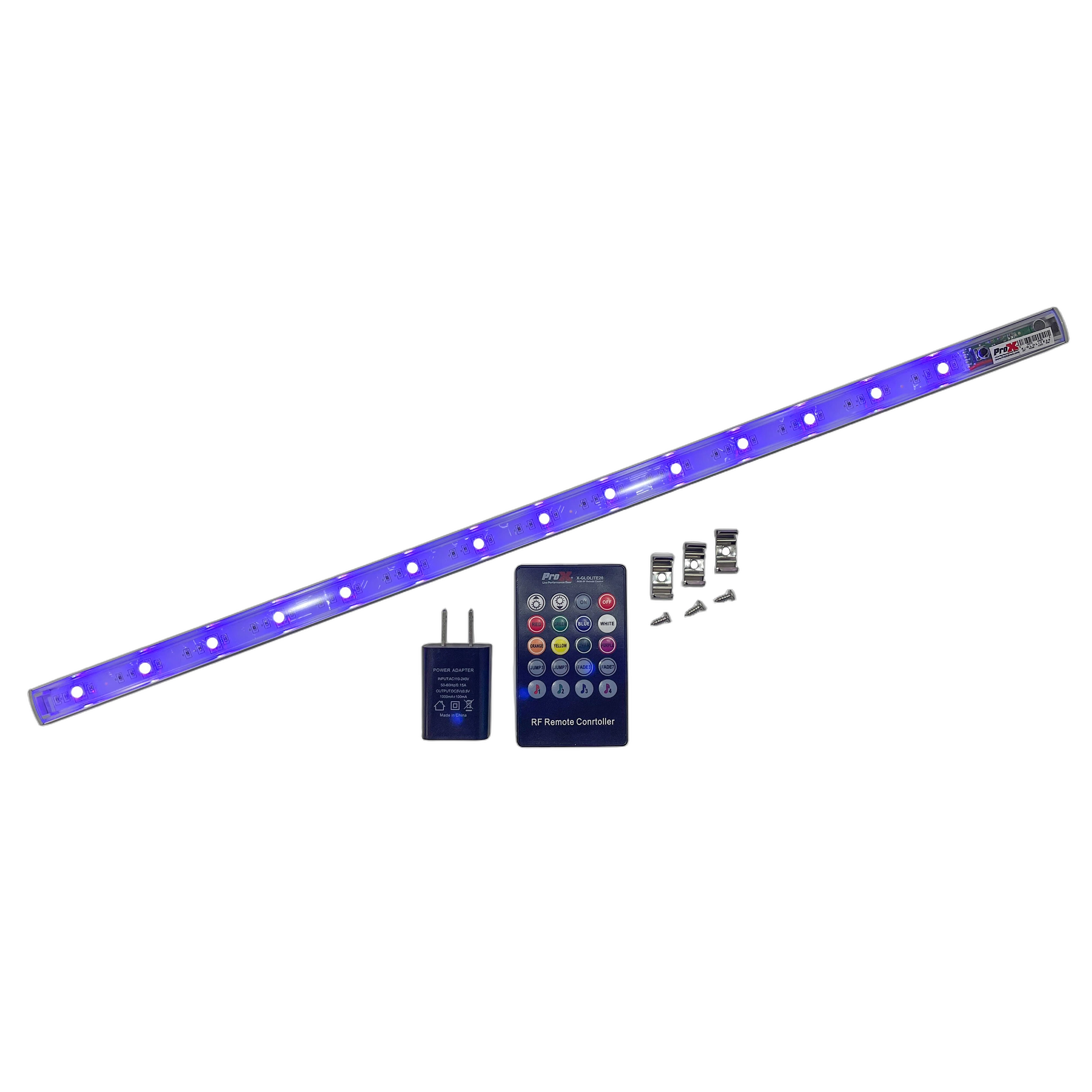 ProX GLOLITE 20 RGB LED Accent Lighting Fixture Front ProX GLOLITE 20-inch RGB LED accent lighting fixture with aluminum body and RF remote control