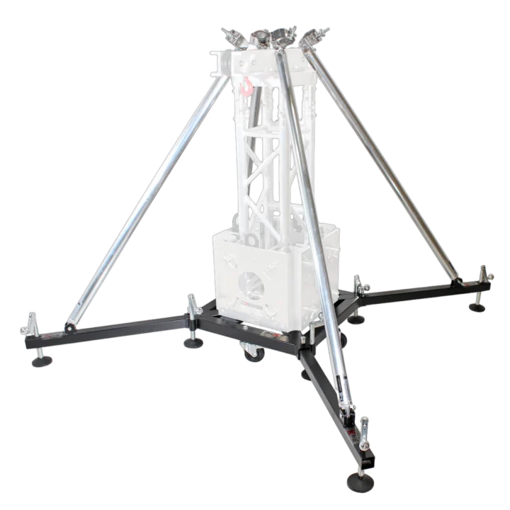 ProX ground support system with rolling base and four outrigger leg braces for equipment stability