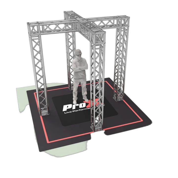ProX K Series light duty tradeshow booth with X-shaped center design, 9.42 by 9.42 feet footprint