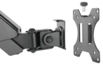 ProX laptop tray bracket with gas spring double arm rear panel showing mounting hardware and adjustment mechanisms