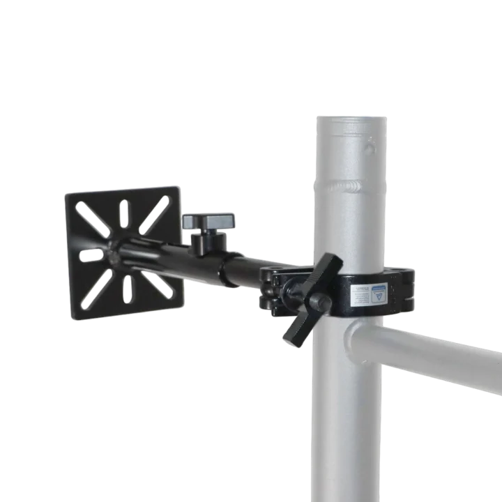 ProX black LED panel wall mounting plate with 2-inch pole truss clamp extension for ground stacking and hanging