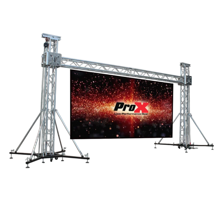 ProX LED screen display panel video fly wall truss ground support system 20 feet wide 23 feet tall outdoor with hoist front view