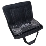 ProX MANO Series equipment bag showing interior padded compartments and storage organization for DJ controllers