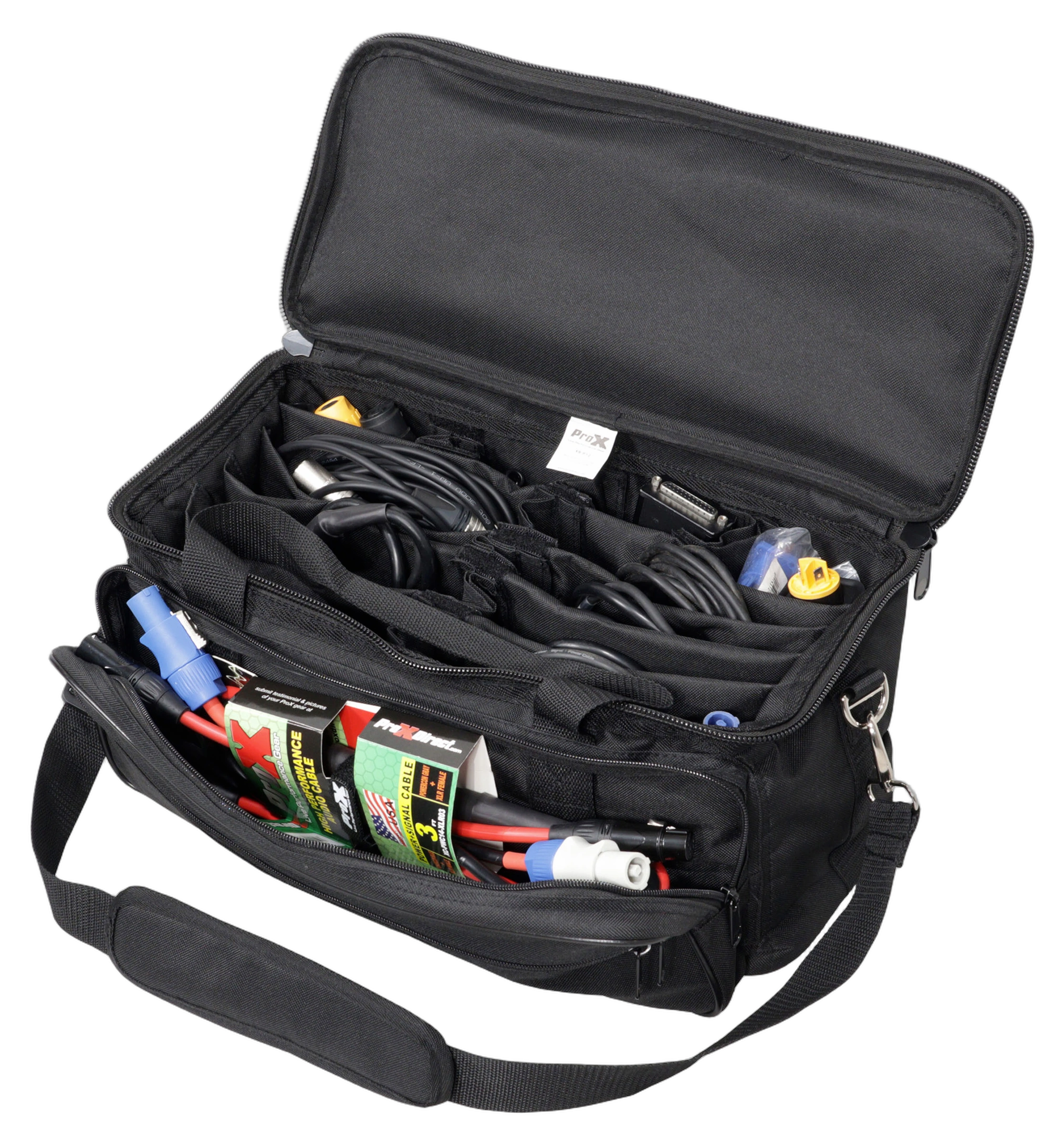 ProX MANO Utility Carry Hand Bag Organizer Front View ProX MANO utility carry hand bag organizer with multiple compartments and dividers for cables, microphones, and accessories
