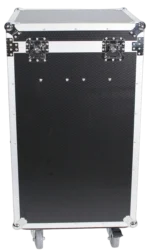 ProX microphone stand case with casters storing multiple microphone stands in professional studio setup