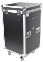 ProX microphone stand case with wheels showing storage capacity for 25 stands
