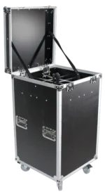 ProX microphone stand case with wheels, holds 25 units, front view with caster wheels visible