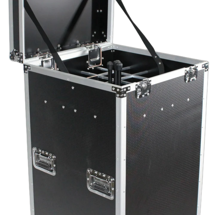 ProX microphone stand case with wheels, holds 25 units, front view with caster wheels visible