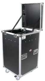 ProX microphone stand case with wheels showing side profile and caster wheels for transport