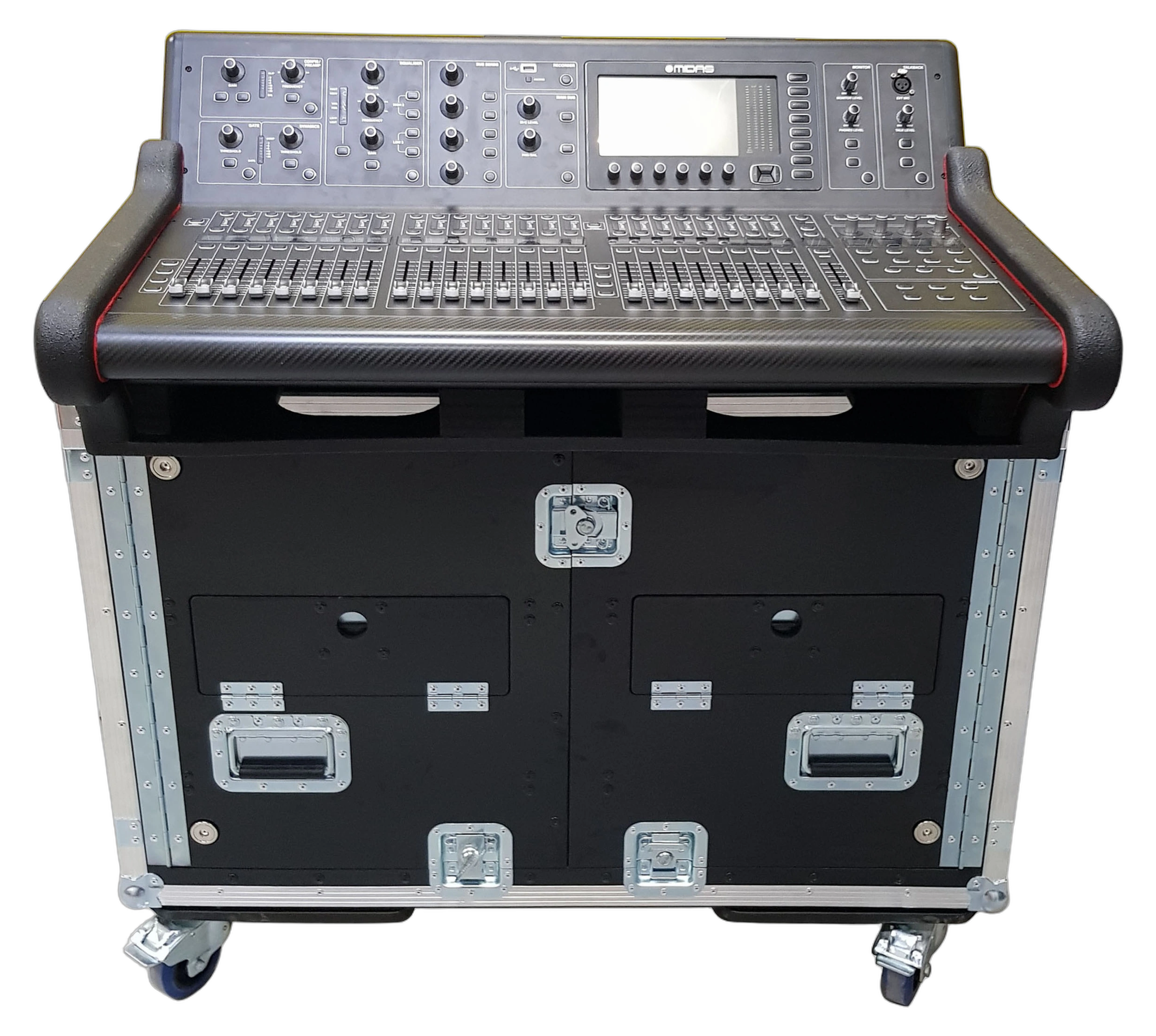 ProX MIDAS M32 Mixer Case Hydraulic Lift Detail ProX MIDAS M32 flip-ready hydraulic console case showing close-up detail of lifting mechanism and retraction system