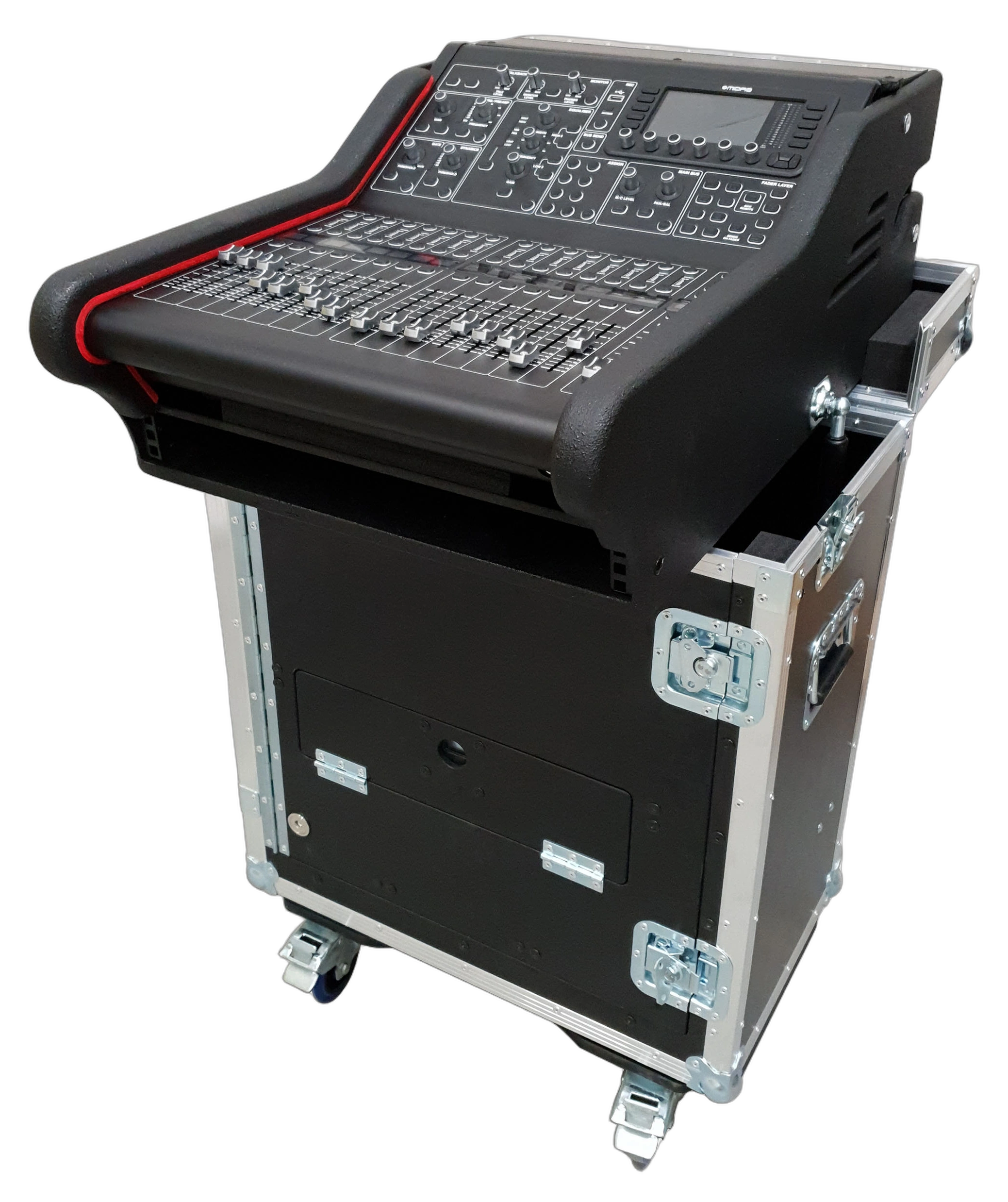 ProX MIDAS M32R Flip-Ready Hydraulic Console Rack Case ProX MIDAS M32R flip-ready hydraulic console lifting 1U rack space case front view