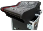 ProX MIDAS M32R flip-ready hydraulic mixer flight case showing rear panel connections and cable management