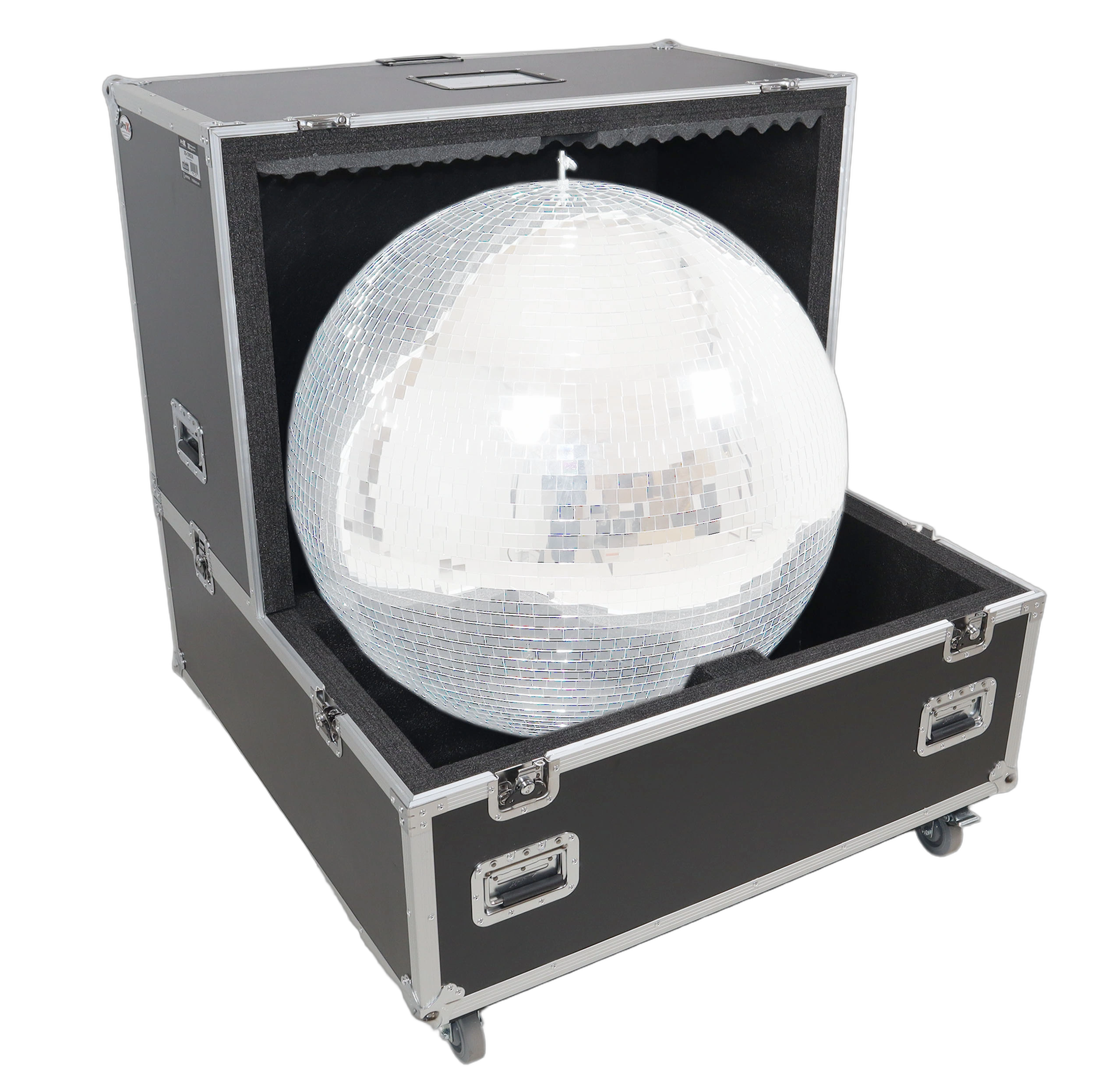 ProX 36 Inch Mirror Ball Flight Road Case with Wheels ProX 36 inch mirror ball flight road case with wheels and removable top covers front view