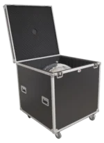 ProX 24-inch mirror ball flight road case showing heavy-duty wheels and stay-open hinge door mechanism