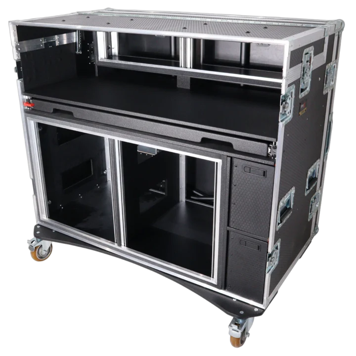 ProX mobile AV broadcasting studio workstation case with 2x 4U top and 2x 12U bottom rack configuration