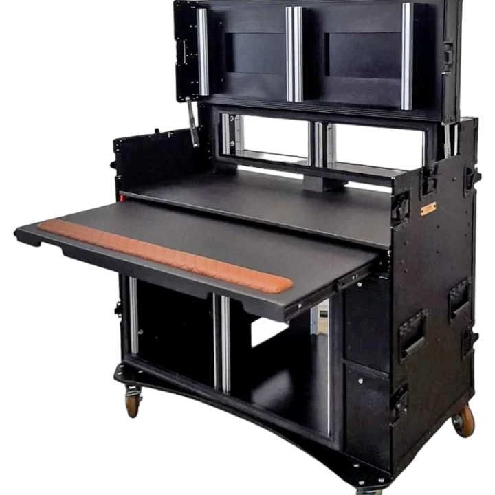 ProX mobile AV broadcasting studio workstation case with stacked 4U and 12U rack units, black finish