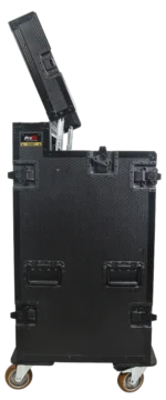 ProX mobile AV broadcasting studio workstation case showing 4U top and 12U bottom rack configuration detail