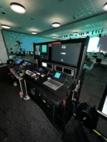 ProX mobile AV broadcasting studio workstation case dimensional diagram showing 2x4U top and 2x12U bottom configuration