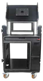 ProX mobile AV broadcasting studio workstation case with 4U top and 12U bottom compartments, black finish front view
