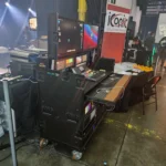ProX mobile AV broadcasting studio workstation case dimensional diagram showing 2x4U top and 2x12U bottom configuration