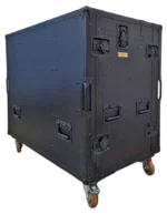 ProX mobile AV broadcasting studio workstation case dimensional diagram showing 2x4U top and 2x12U bottom configuration