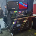 ProX mobile AV broadcasting studio workstation case dimensional diagram showing 2x4U top and 2x12U bottom rack configuration