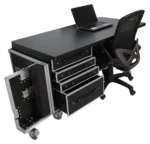 ProX Mobile Office Foldable Pro Desk flight case workstation with wheels, side profile view showing depth and portability