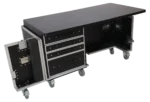 ProX Pro Desk flight case workstation with 60x30 inch tabletop, drawer storage, and mobility wheels shown from side angle