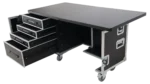 ProX Mobile Office Foldable Pro Desk Flight Case Workstation in use with equipment setup and workspace organization
