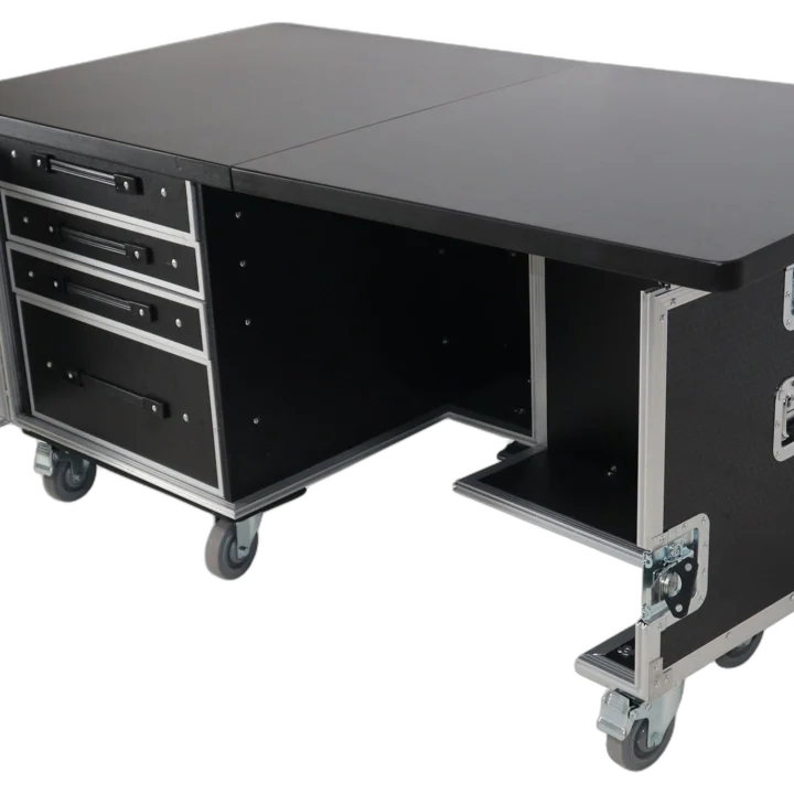 ProX Mobile Office Foldable Pro Desk Flight Case Workstation with 60x30 inch table top, drawer and wheels front view