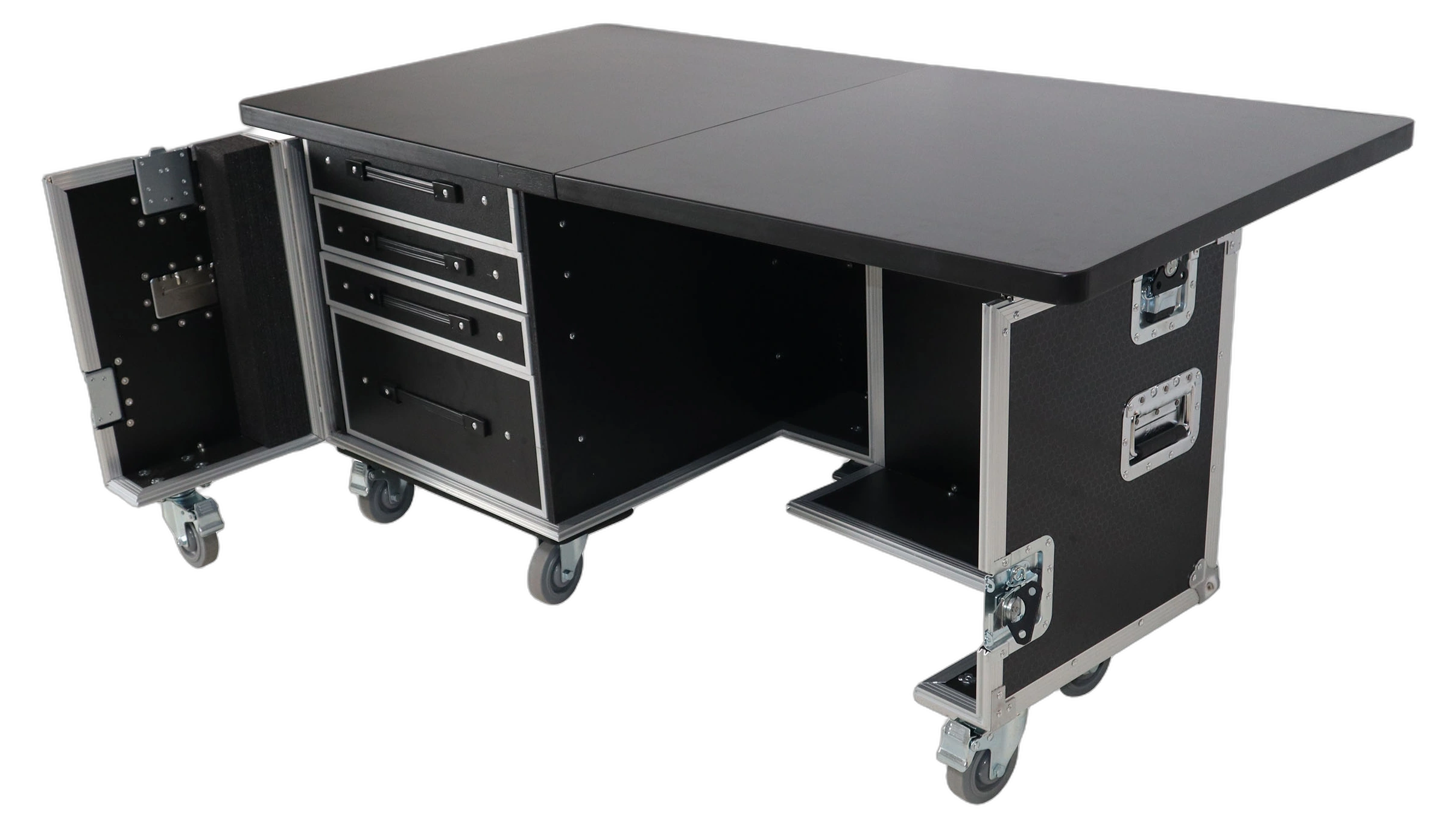ProX Mobile Office Foldable Pro Desk Flight Case Workstation ProX Mobile Office Foldable Pro Desk Flight Case Workstation with 60x30 inch table top, drawer and wheels front view