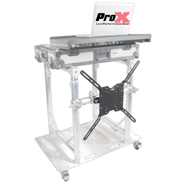 ProX modular mobile media TV DJ station booth with wheels and grid system integration