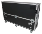 ProX motorized universal flight case for 80 to 90 inch flat panel monitor with dimensional specifications and caster details