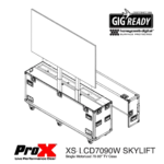 ProX motorized universal flight case for 80 to 90 inch flat panel monitor with dimensional specifications and caster details