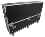 ProX motorized universal flight case for 80 to 90 inch flat panel monitor with dimensional specifications and caster details