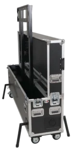 ProX motorized flight case for dual 80 to 90 inch LCD TV monitors with four casters and lifting mechanism