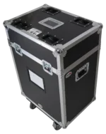 ProX road case loaded with multiple ADJ and Chauvet moving head lighting fixtures in professional venue setup