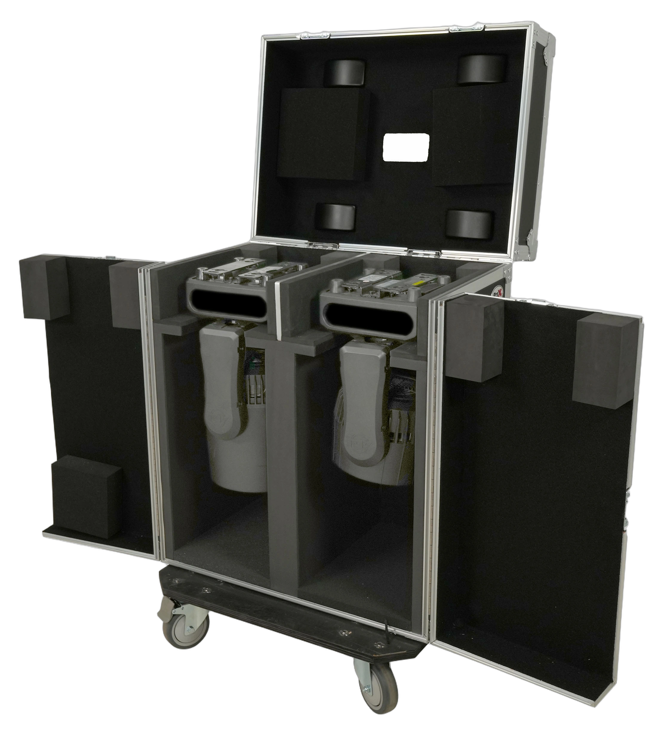ProX Moving Head Lighting Road Case 2x Wash Front View ProX road case for two wash moving heads with three doors and protective lining