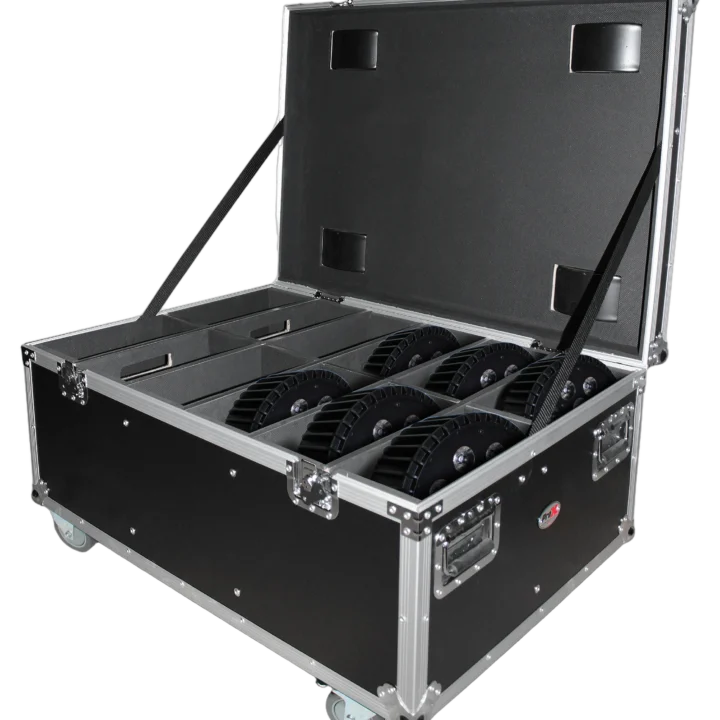 ProX Par Can Universal Utility Case with four wheels, front view showing handle and latch details