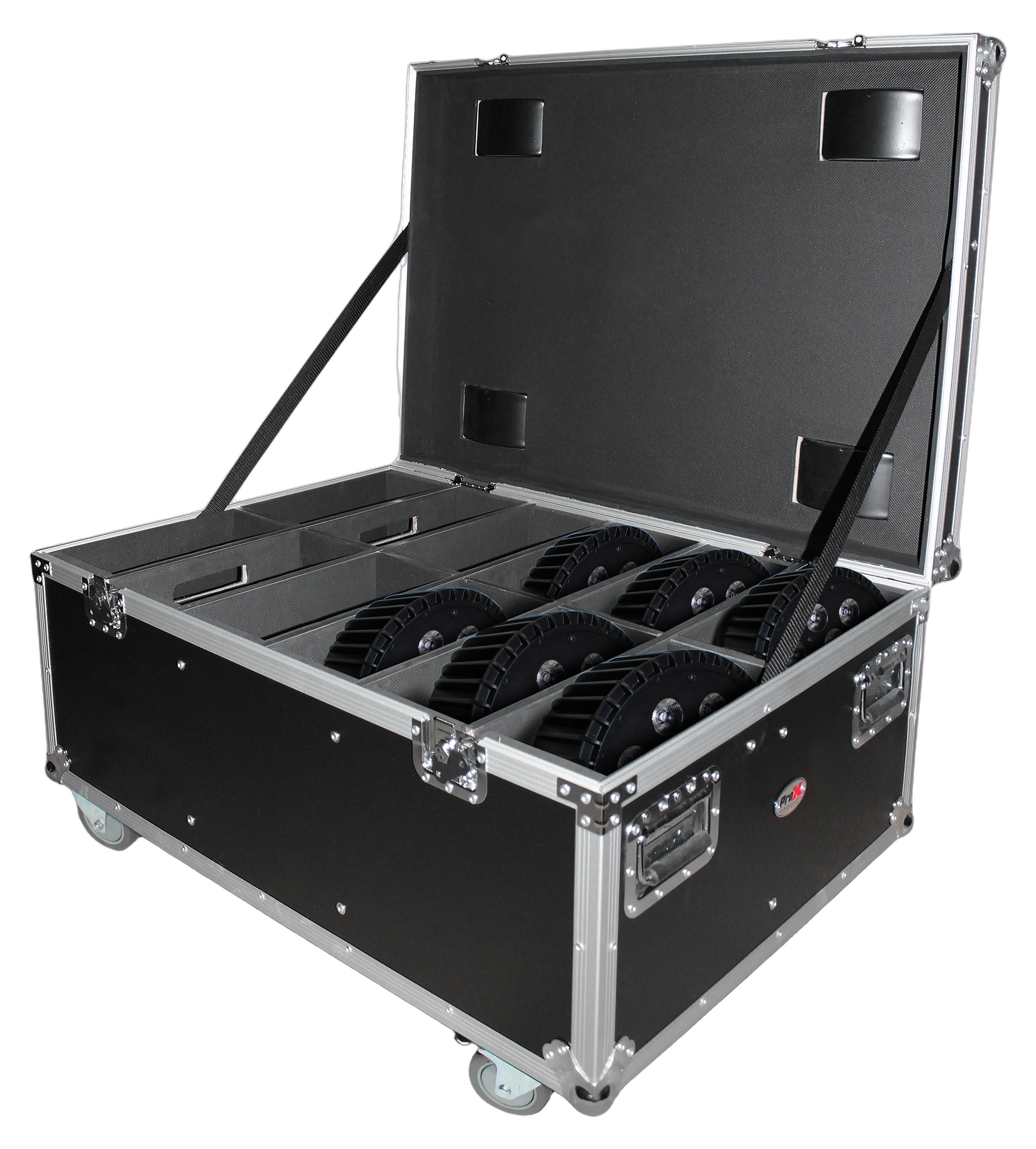 ProX Par Can Universal Utility Case with Wheels ProX Par Can Universal Utility Case with four wheels, front view showing handle and latch details