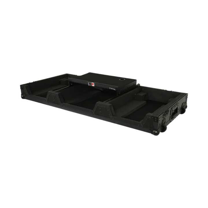 ProX flight case with two Pioneer CDJ 3000X decks and DJM V10 mixer setup, black finish with low profile wheels