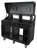 ProX Prado mobile AV broadcasting studio workstation case with dual 4U top and 12U bottom rack configuration, black finish front view