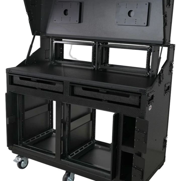 ProX Prado mobile AV broadcasting studio workstation case with dual 4U top and 12U bottom rack configuration, black finish front view