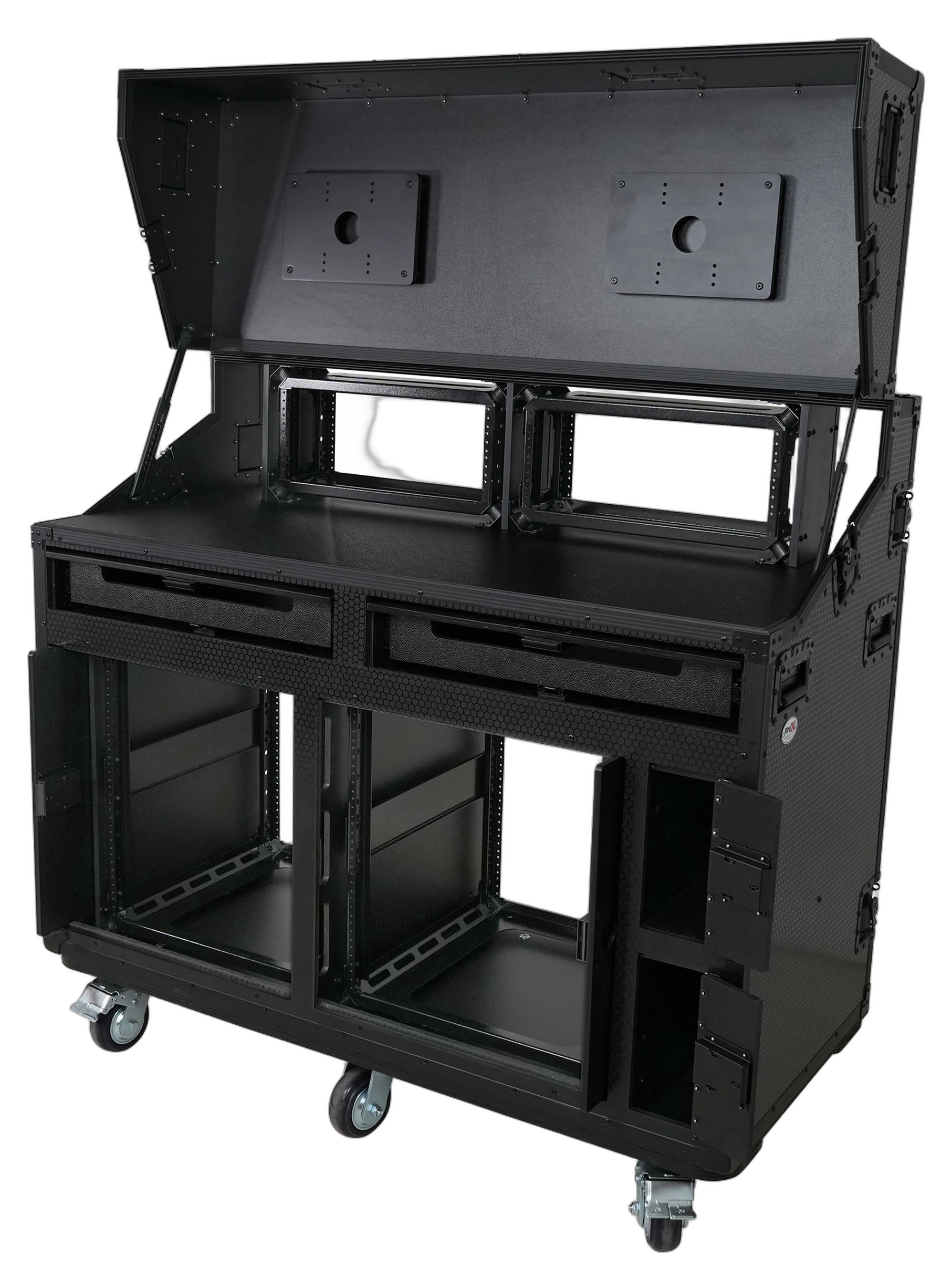 ProX Prado Mobile AV Broadcasting Studio Workstation Case Front ProX Prado mobile AV broadcasting studio workstation case with dual 4U top and 12U bottom rack configuration, black finish front view