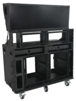 ProX Prado mobile AV broadcasting studio workstation case with dual 4U and 12U rack configuration in professional setting