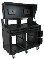 ProX Prado mobile AV broadcasting workstation case with front slamr door and stacked 4U and 12U rack configuration