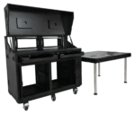 ProX Prado mobile AV broadcasting workstation case with 4U and 12U rack spaces, side profile view