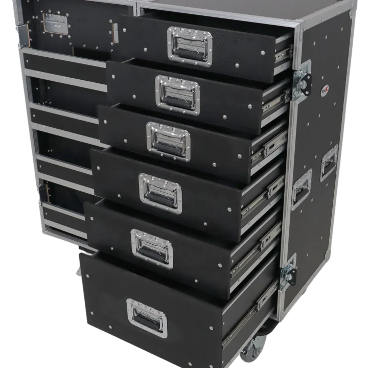 ProX Pro 6 utility drawer workbox ATA flight case with hinged storage door and casters front view